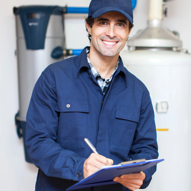 Friendly plumber at customer's door